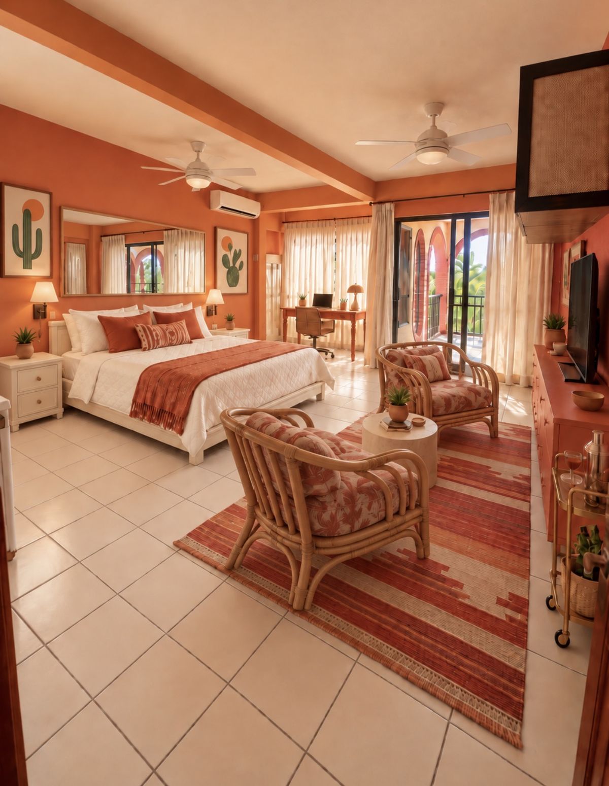 Cacti Room: terracotta walls, a king bed, rattan armchairs and a striped red rug leading to the balcony