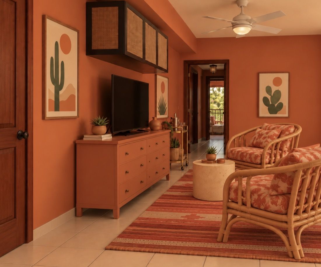 Cacti Room sitting area with a TV on a terracotta dresser, two rattan armchairs and cactus prints