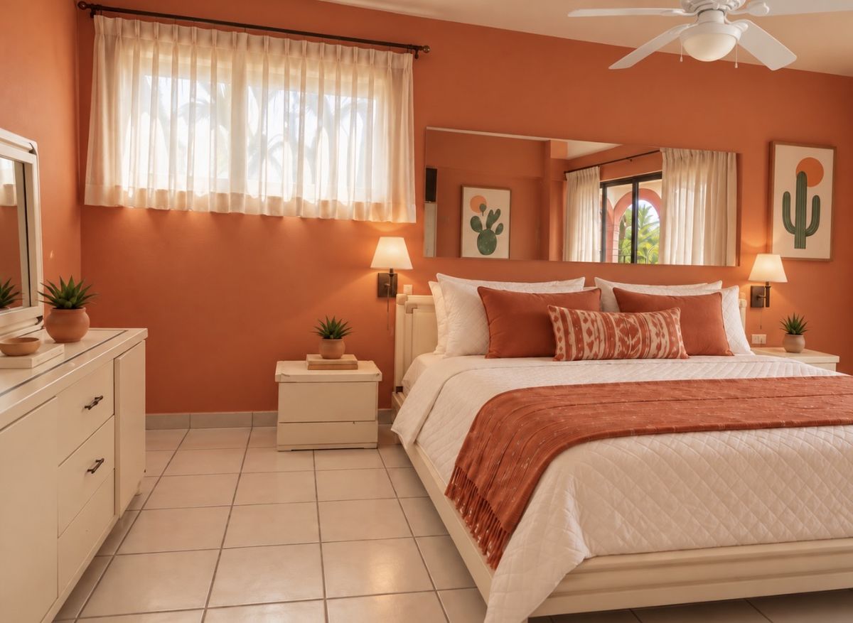 Cacti Room king bed with rust-colored throw, sheer curtains and cactus art on orange walls
