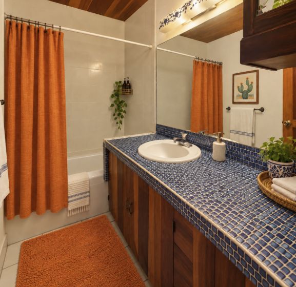 Cacti Room bathroom with a cobalt tile vanity, bathtub and shower, and an orange shower curtain