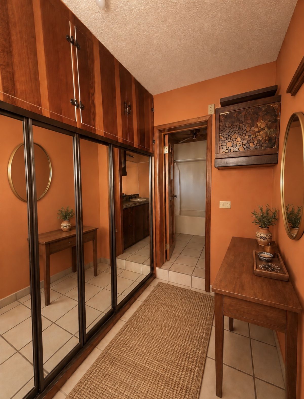 Cacti Room walk-in closet with mirrored wardrobe doors and wood cabinetry