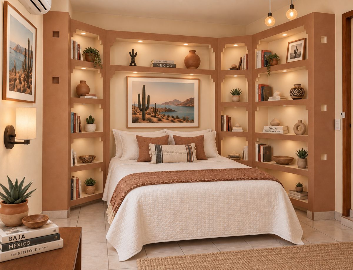 Desert Room: a bed in white and terracotta linens framed by lit adobe-style shelves holding clay pots, cactus art and books