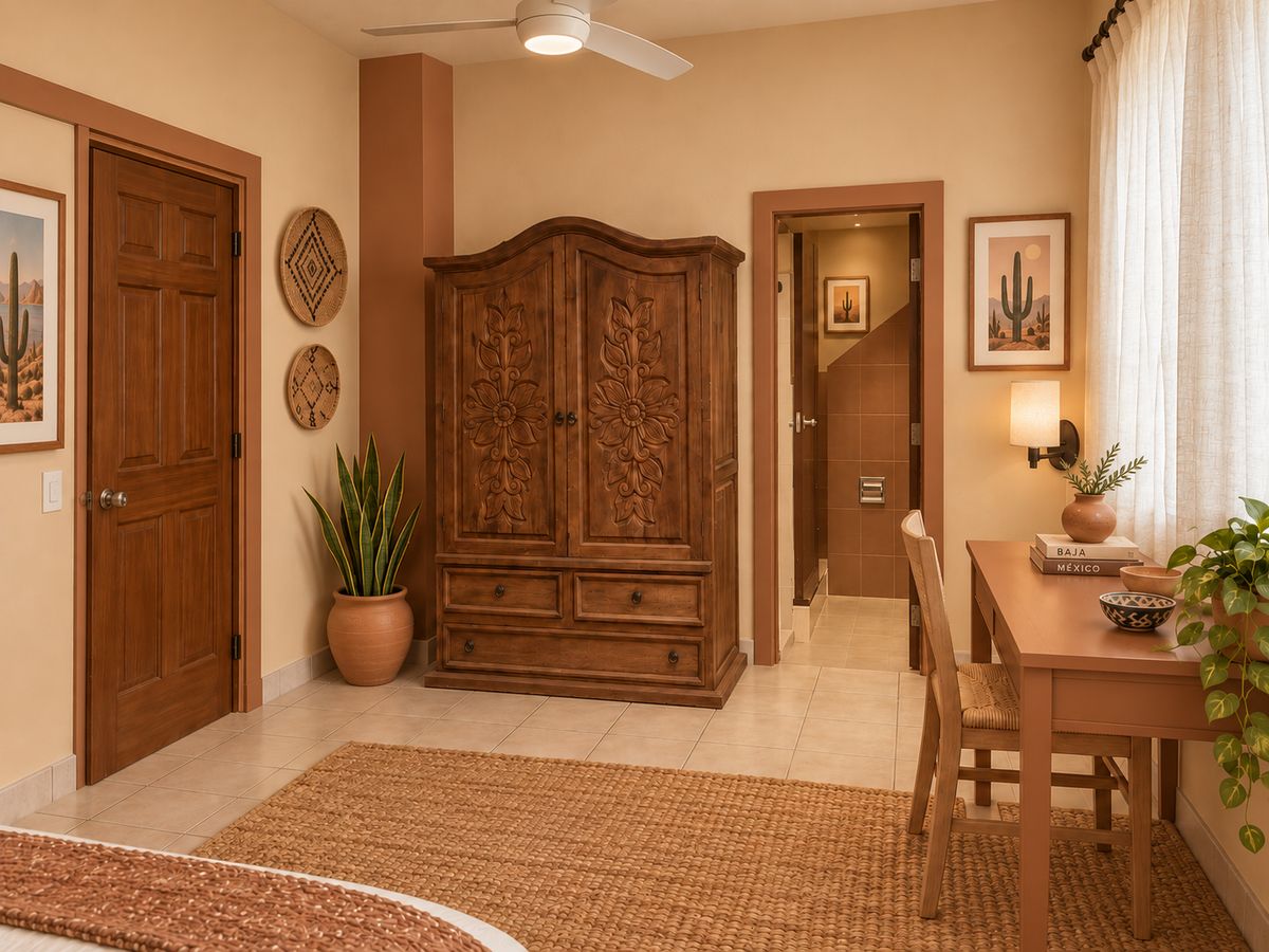 Desert Room: carved wooden wardrobe, a writing desk by the window and a woven jute rug
