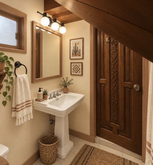 Desert Room private bathroom with a pedestal sink, framed desert prints and a carved wooden door