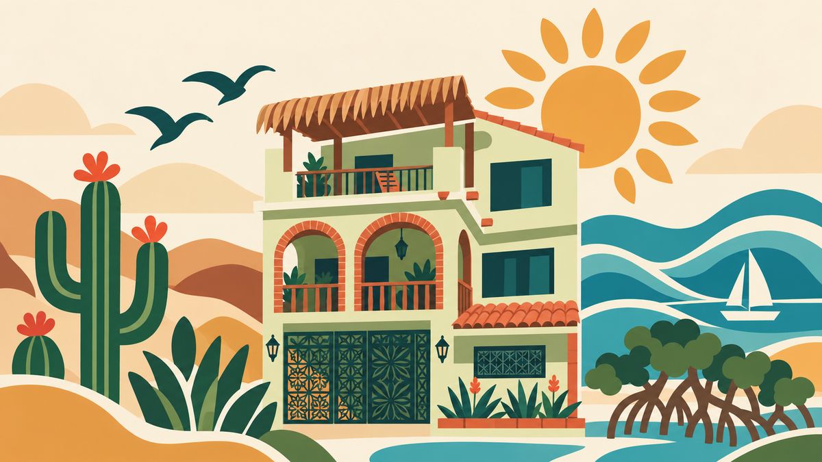 Ilustración de Colibri Centro: la casa de tres niveles con balcones de arcos y una terraza con palapa en la azotea, entre cactus del desierto y el Mar de Cortés, con manglares, un velero y un gran sol de Baja