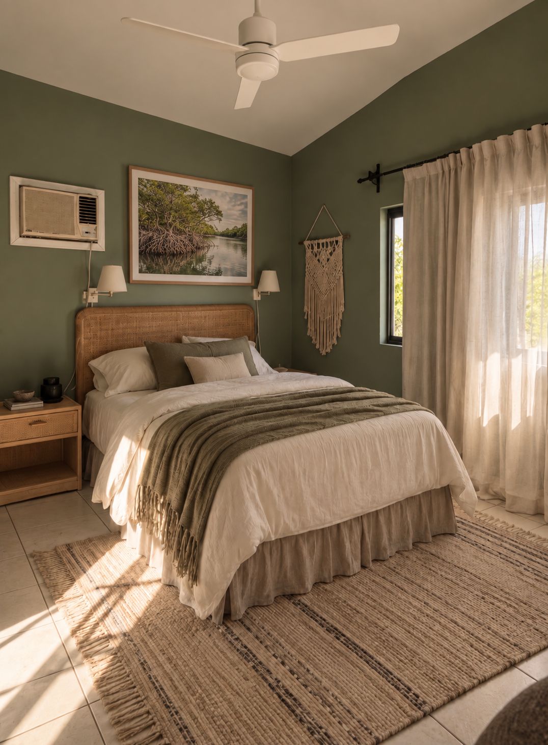 Mangrove Room: a bed with olive-green throw and rattan headboard, sage walls, macramé and a mangrove print