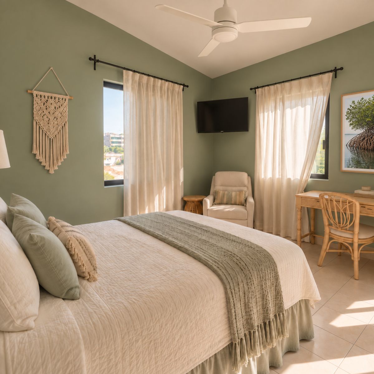 Mangrove Room with a wall-mounted TV, an armchair, a desk and sheer curtains on two windows