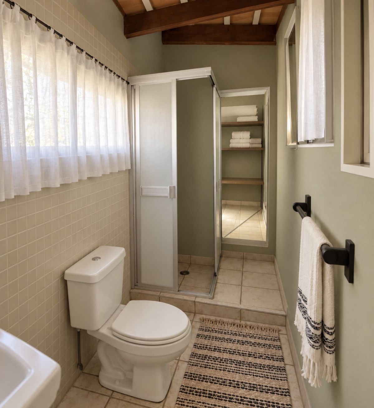 Mangrove Room bathroom with a shower, open linen shelves and sage-green walls