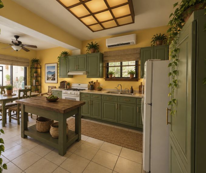 The Oasis shared kitchen with green cabinets, yellow walls, a wooden island and trailing plants