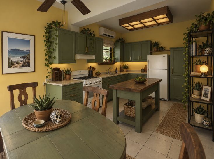 Oasis kitchen seen from the dining table: green cabinetry, open shelving and a gas range