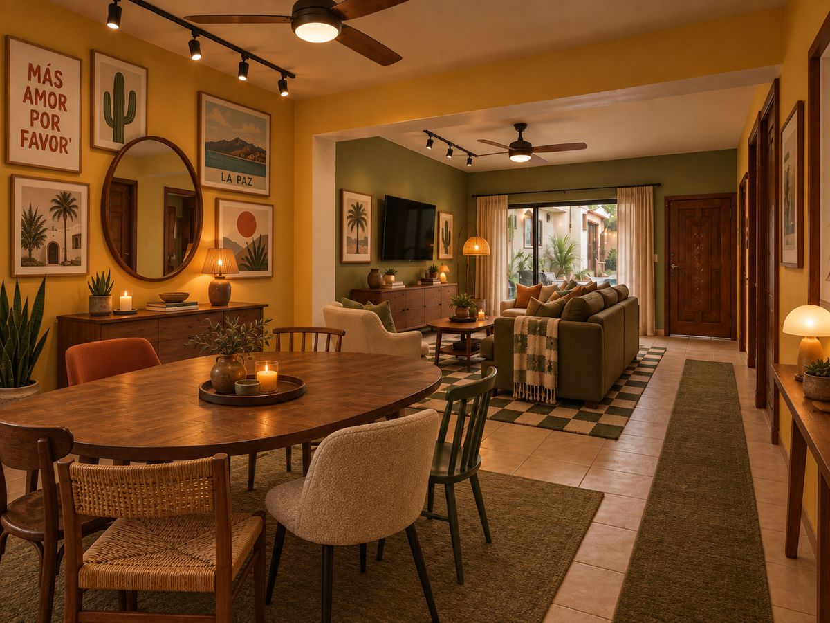 The Oasis, the shared ground-floor living room: ochre walls, a round wooden dining table, green sofas and a hallway gallery of Mexican prints