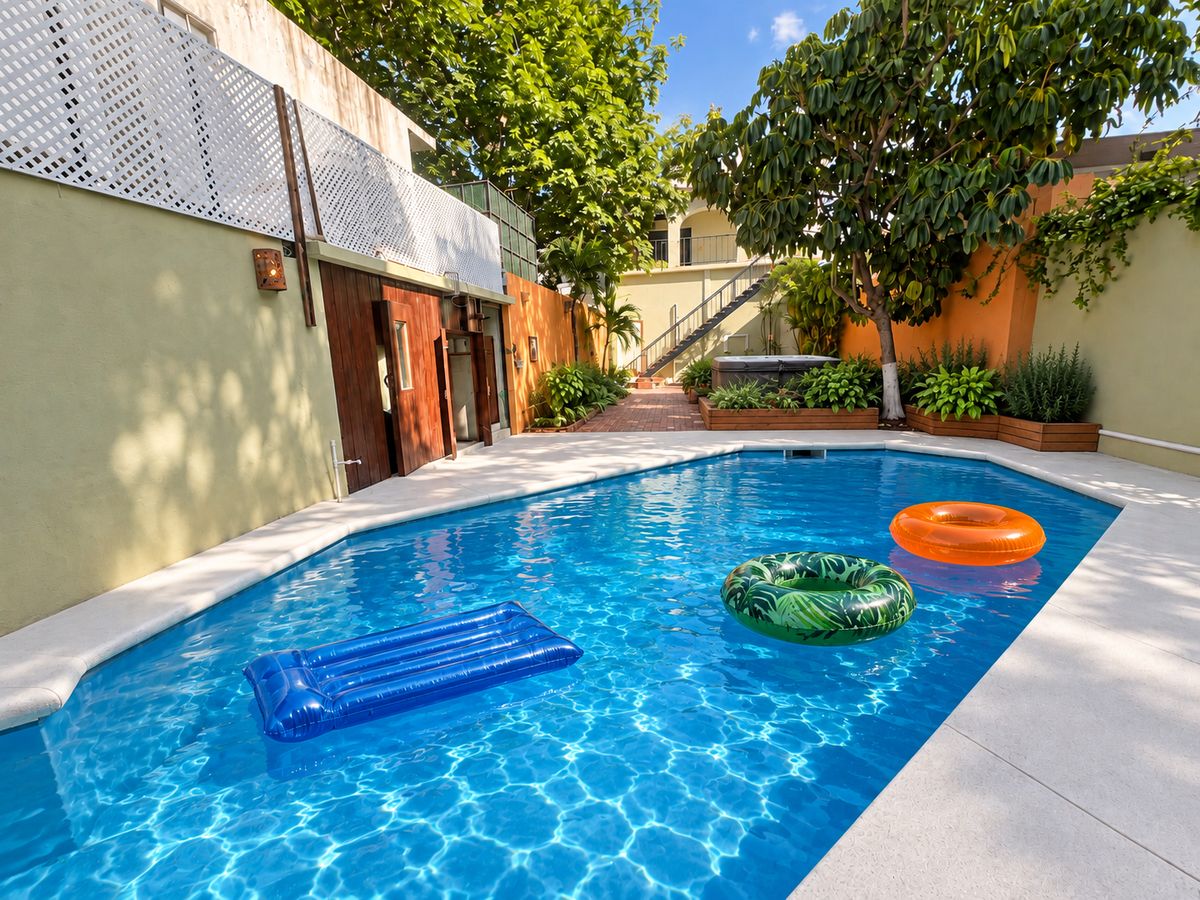 The shared pool out back, bright blue water with floats, garden beds and a shady tree