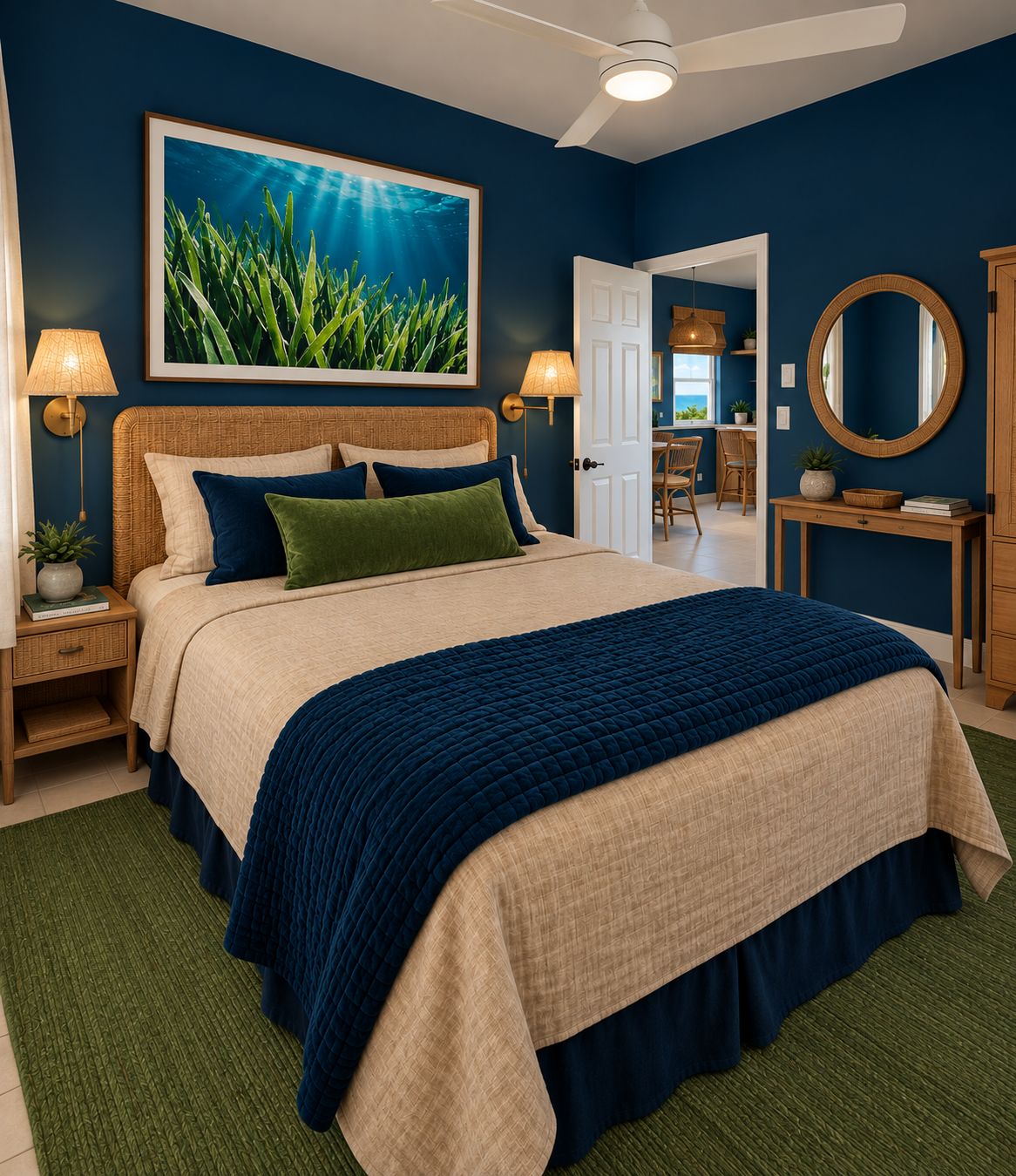 Seagrass Room: navy walls, a rattan headboard, a navy and tan bed, a green rug and a large underwater seagrass photograph