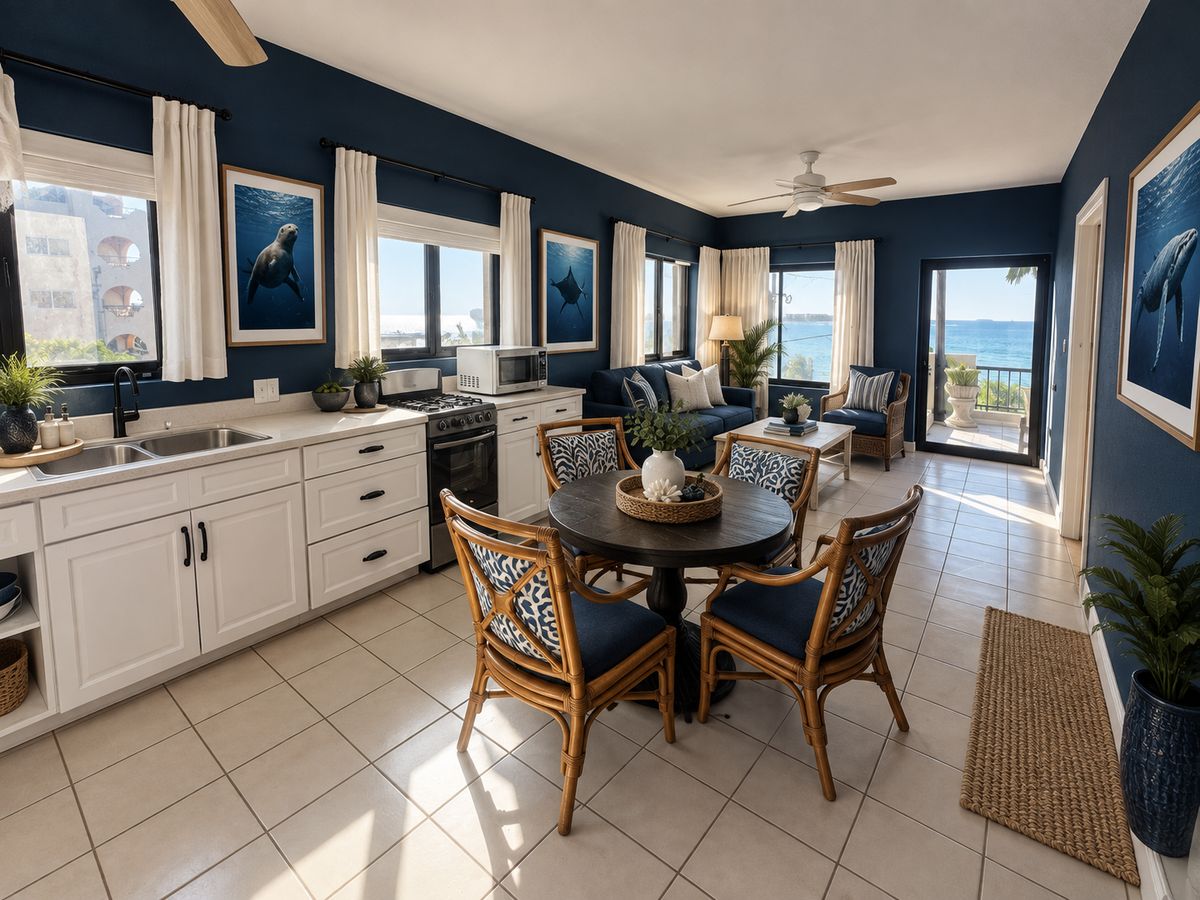 Ocean Suite private kitchen and dining table along a wall of windows, with the living room and sea beyond