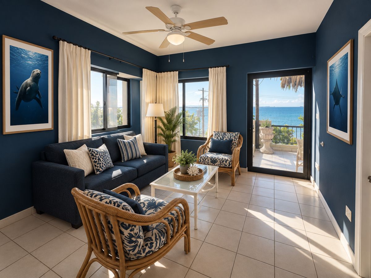 Ocean Suite living room: deep navy walls, a navy sofa, rattan chairs, underwater art and a door to the ocean-view balcony