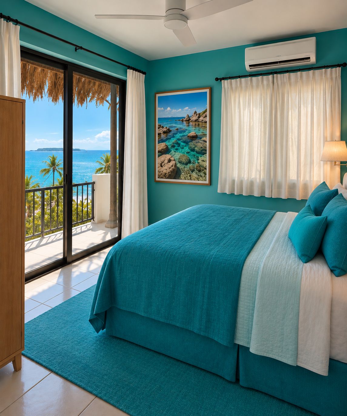 Tide Pool Room: turquoise walls and bedding, with sliding doors onto the balcony and the sea