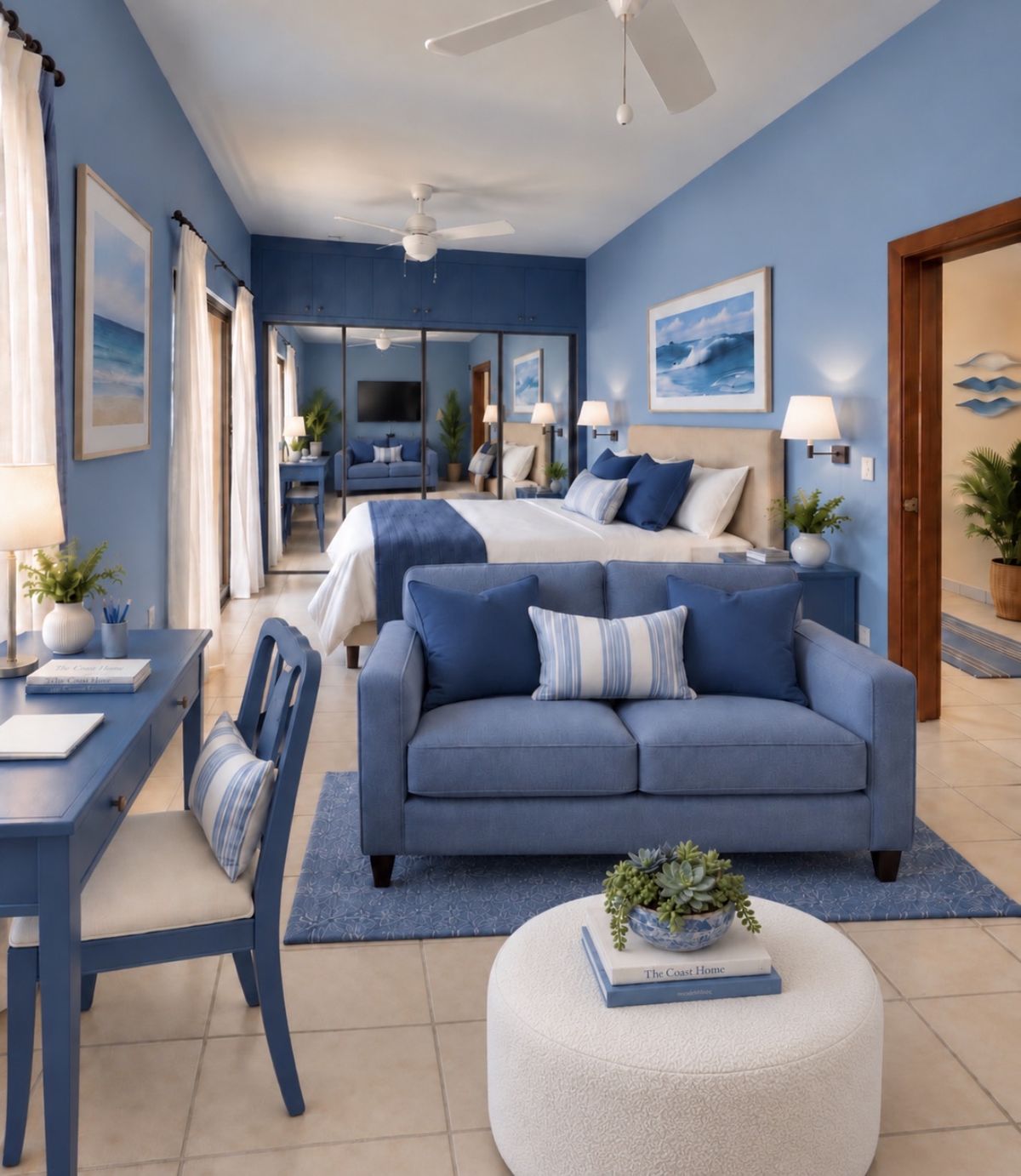 Wave Room: cobalt blue walls, a blue loveseat, a desk and the bed beyond, with wave art on the walls