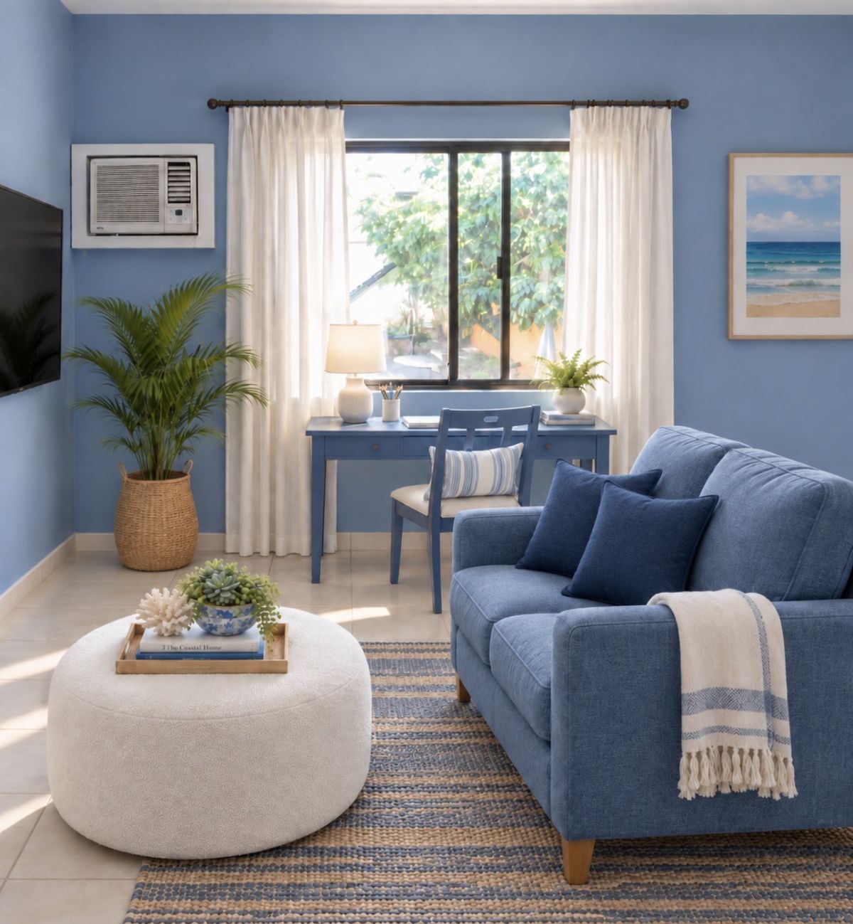 Wave Room sitting area: blue sofa, white pouf, a desk under the window and a potted palm